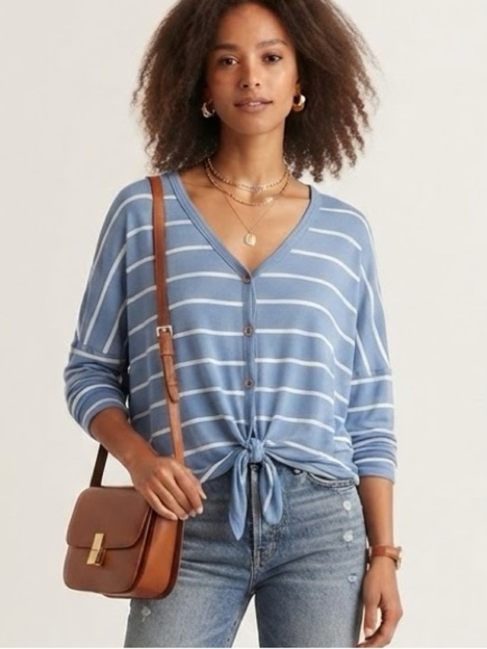 fantastic fawn blue oversized buttery soft striped nautical tie knot blouse Sm